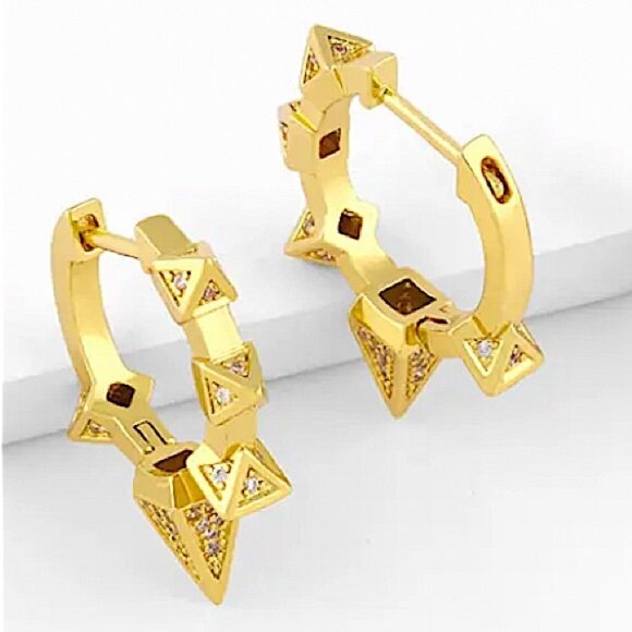 Gold Zircon Spiked Minimalist Earrings, Hoop, Huggie - Picture 4 of 9